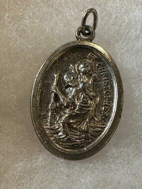 Vintage St. Christopher Silvertone Oval Pendant 1" ~ Italy ~ Patron Saint Travel